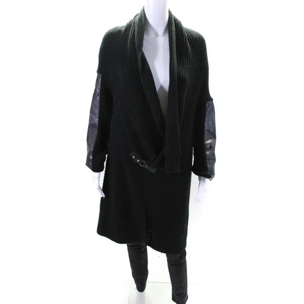 525 America Women's Long Sleeves Leather Trim Cardigan Sweater Black Size L